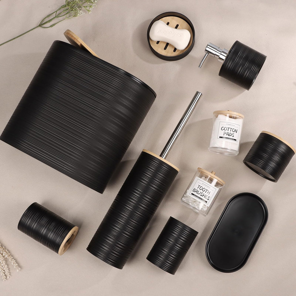 IMAVO Bathroom Accessory Set-11Pcs Black Bathroom Accessories Set with Trash Can,Soap Dispenser,Soap Dish,Toothbrush Holder,Toothbrush Cup,Toilet Brush Holder,Qtip Holder Dispenser with Labels