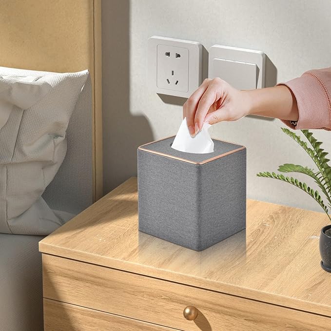 Linen Square Tissue Box Holder Cube Tissue Box Cover－Rosegold Leather Recorate,Napkin Holder Case Dispenser, Tissue Holders with Magnetic Bottom for Home Office Car Hotel Restaurant,Grey