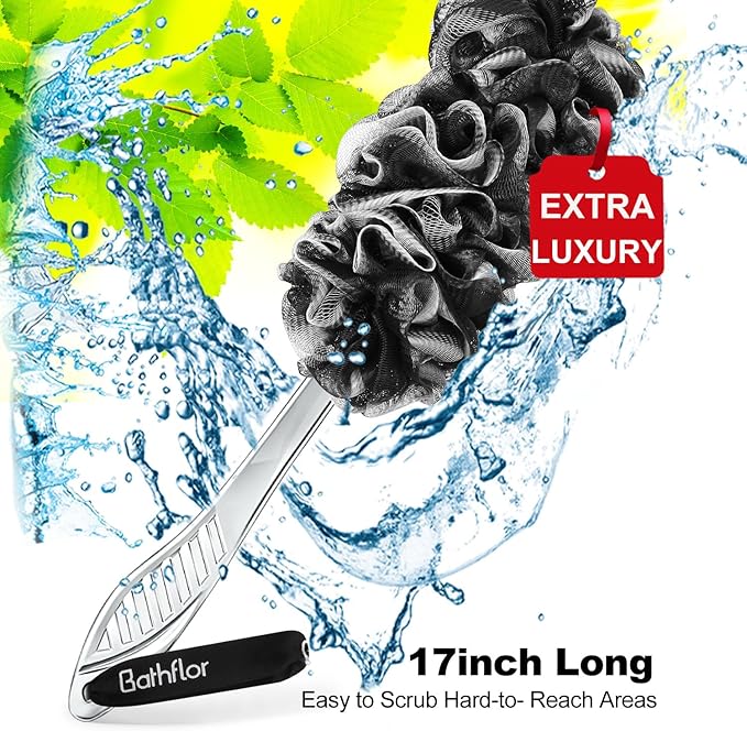 Bathflor Loofah Sponge Exfoliating Body Scrubber: 4PCS Extra Large 80g Shower Loofahs Poufs, 1PCS Long Handle Loofa Back Scrubber, 1PCS Luffa Hook, Charcoal Loofah Pack for Women Men Bath Wash, Black