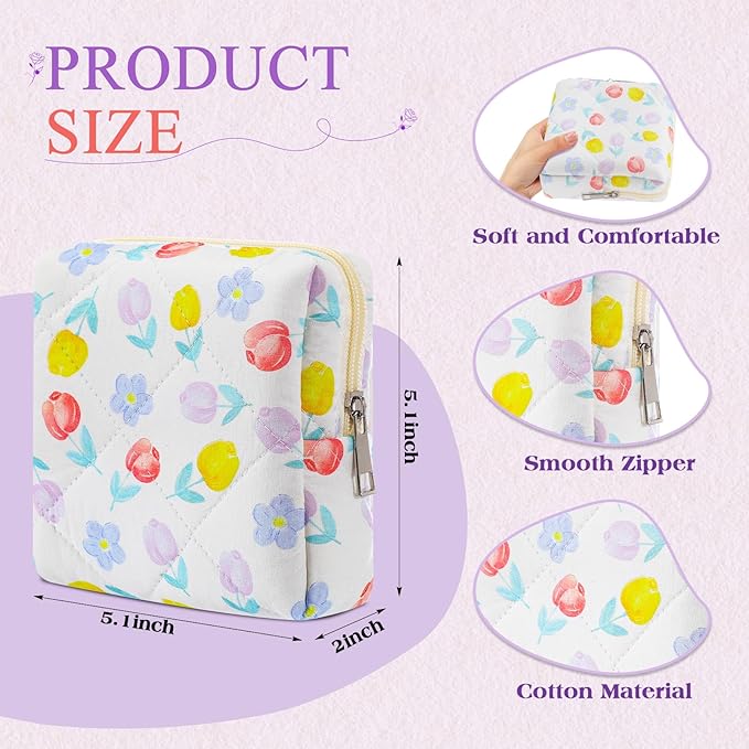 Paterr 4 Pcs Mini Quilted Floral Makeup Bag Blue Purple Flower Cosmetic Bag Small Gingham Quilted Pouch with Zipper Cute Cotton Travel Toiletry Bags for Girls Back to School Teacher Students Gifts