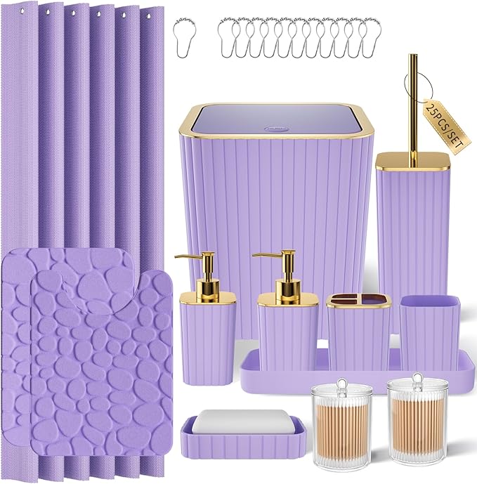 XLHOMO Bathroom Accessory Set - 25PC Green Bathroom Sets, Bathroom Set with Shower Curtain and Rugs, Dark Green Shower Curtain Set, Trash Can, Qtip Holder & Soap Dispenser