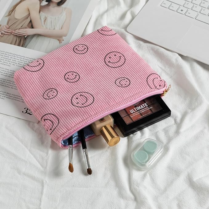 Gardsell Cosmetic Bags for Women - Corduroy Cosmetic Bag Aesthetic Women Handbags Purses Smile Dots Makeup Organizer Storage Makeup Bag Girls Case Bags (Double Pink Blue)