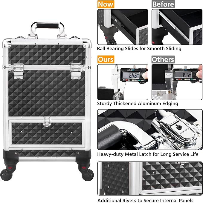 Yaheetech Rolling Makeup Train Case with a Drawer Nail Trolley Black/Silver