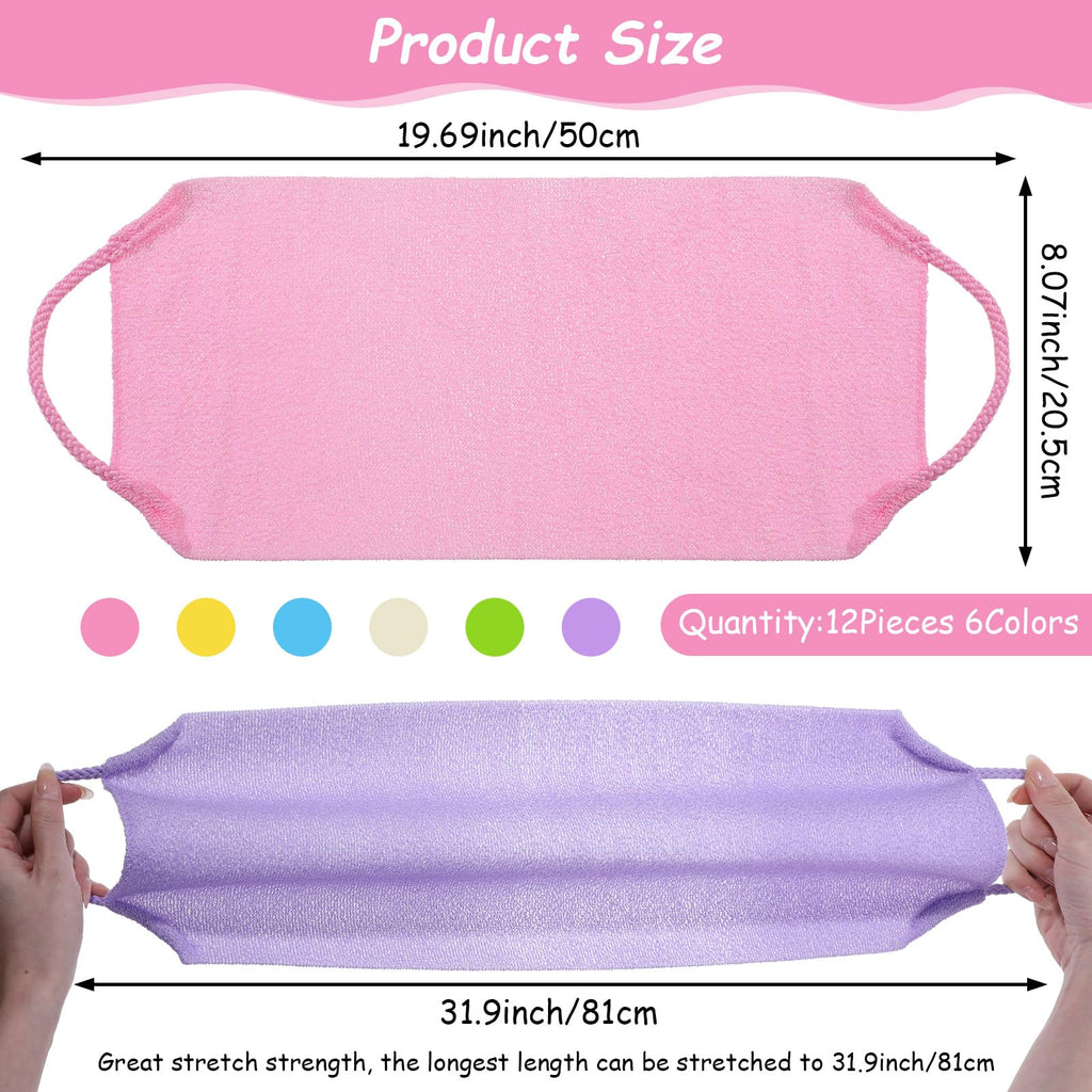 12 Pcs Exfoliating Back Scrubber for Shower with Handles Nylon Back Exfoliator Washers Stretchable Pull Strap Exfoliating Loofah Washcloth for Women Men Body Deep Cleaning Massages