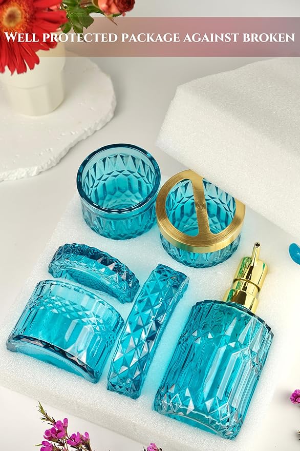 LaMarriti Teal Blue Bathroom Accessories Set, 5Pcs Clear Glass Bathroom Set, Hand Soap Dispenser Set, Soap Dish, Toothbrush Holder, Tumbler, Q-Tips Holder for Crystal Vantage Bathroom Decor