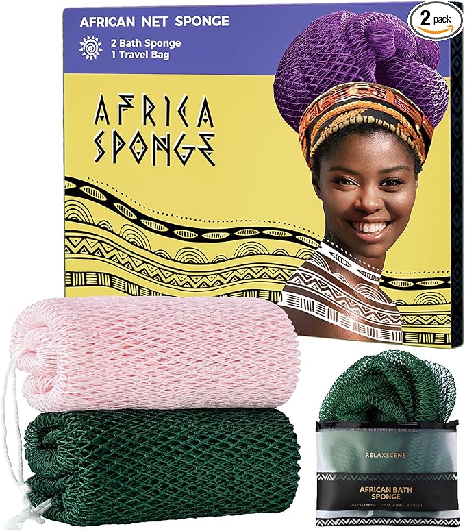African Net Sponge Authentic - 2 Pieces 52IN Stretched Length Exfoliating Body Scrubber Bath Sponge - Loofah Washcloth Back Scrub for Shower Body Exfoliator