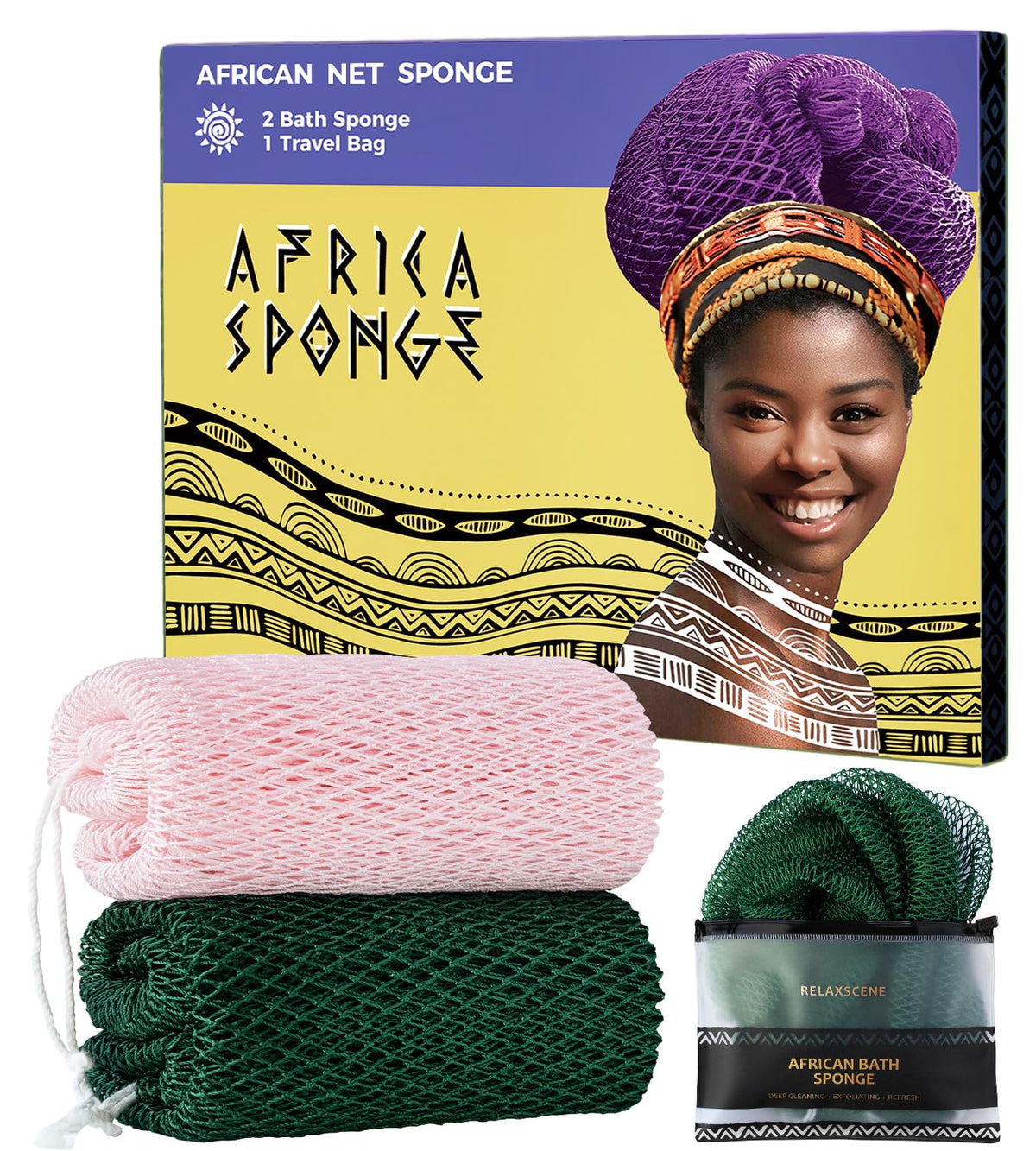 African Net Sponge Authentic - 2 Pieces Exfoliating Body Scrubber Bath Sponge - Back Scrubber Washcloth for Shower - Real African Scrub Exfoliator Body Care Bathing Accessories for Women