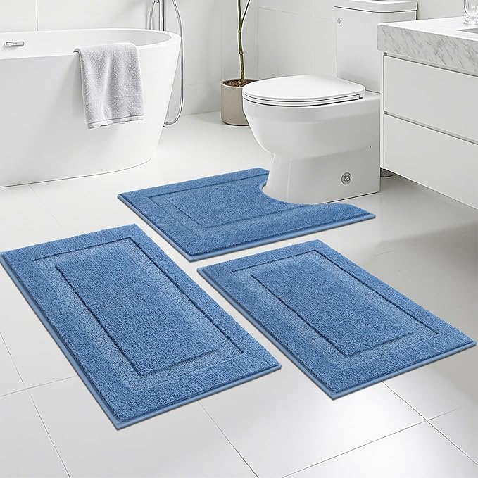 SHACOS Blue Bathroom Rugs Sets 3 Piece Small Bath Mat U Shaped Toilet Rug