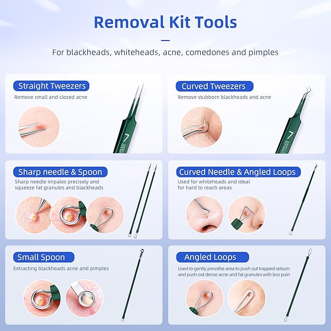 Pimple Popper Tool Kit, 7 Pcs Blackhead Remover Comedone Extractor, Green