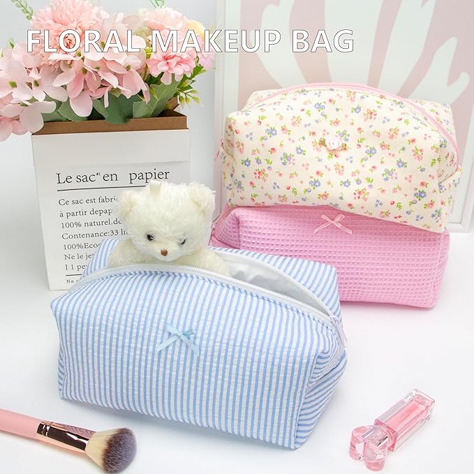PAZIMIIK Cozy Makeup Bag for Women,Zipper Cosmetic Pouch,Stripe Blue,2 Pack