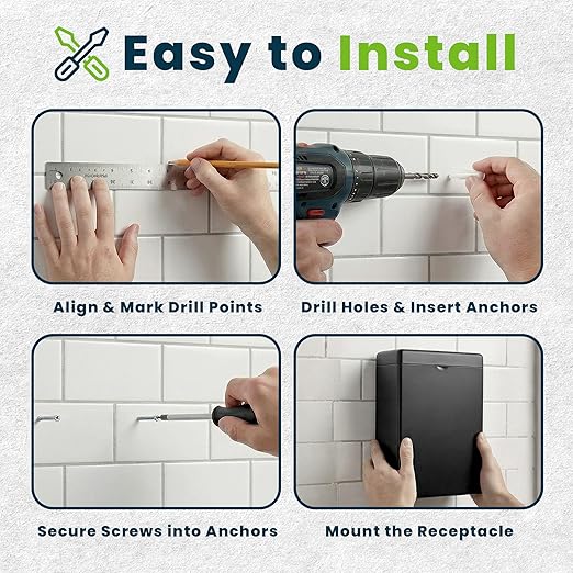 Alpine Sanitary Napkin Receptacle – Wall Mounted Tampon Holder for Bathroom Provides Clean & Odor-Free Restroom for Home, Office & Public Restrooms (Black)