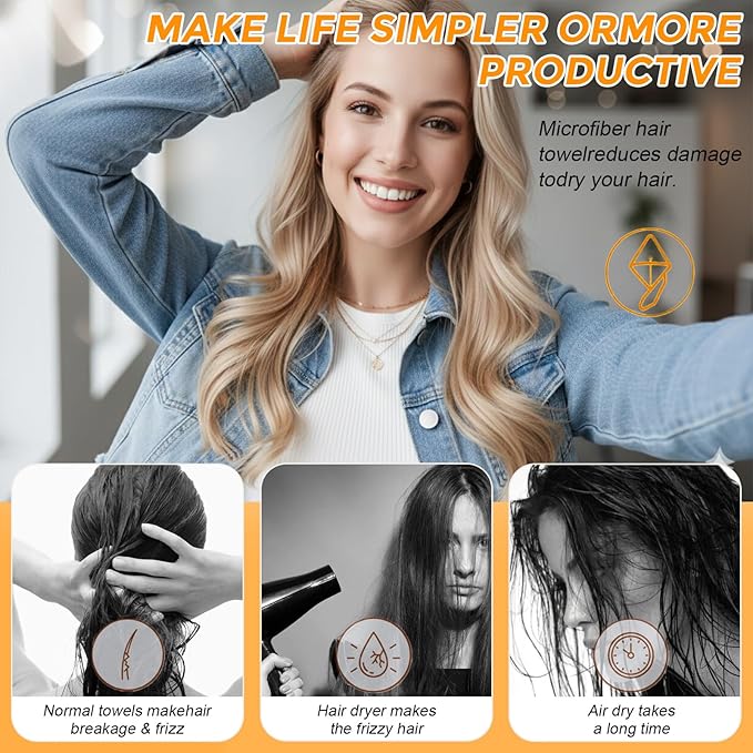 3 Pack Microfiber Hair Towel Wrap for Women, Fast Drying Hair Turban with Button, Anti-Frizz Large Hair Towel for All Hair Styles, Soft & Absorbent Hair Drying Towel