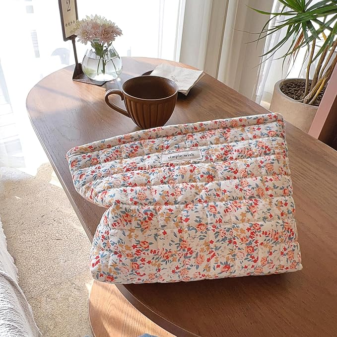 Sminra Quilted Floral Makeup Bag for Women, Cotton Cosmetic Pouch with Zipper, Slim Travel Toiletry Organizer for Makeup, Skincare and Daily Essentials Organizer (Red Floral-L)