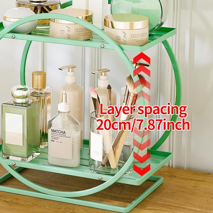YIWANFW Perfume Organizer for Dresser, 2-Tier Bathroom Counter Organizers, Elegant Round Makeup Organizer for Vanity, Bathroom Organizer Countertop Shelf, Perfume Tray Skincare Storage (Green)