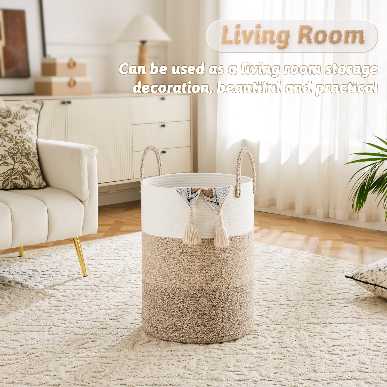 Artfeel Laundry Basket,Woven Cotton Rope Laundry Hamper,100L for Decorative Storage of Dirty Clothes,Toys and Blankets in Bathroom,Bedroom and Living Room