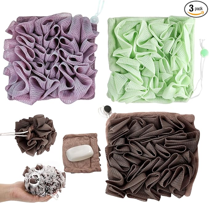 3 Pcs Soap Bar Loofah, 2 in 1 Bar Soap Loofah Pouch Can Hold Soap Effective Exfoliation for Bathing (Green+ Coffee Brown+ Purple)