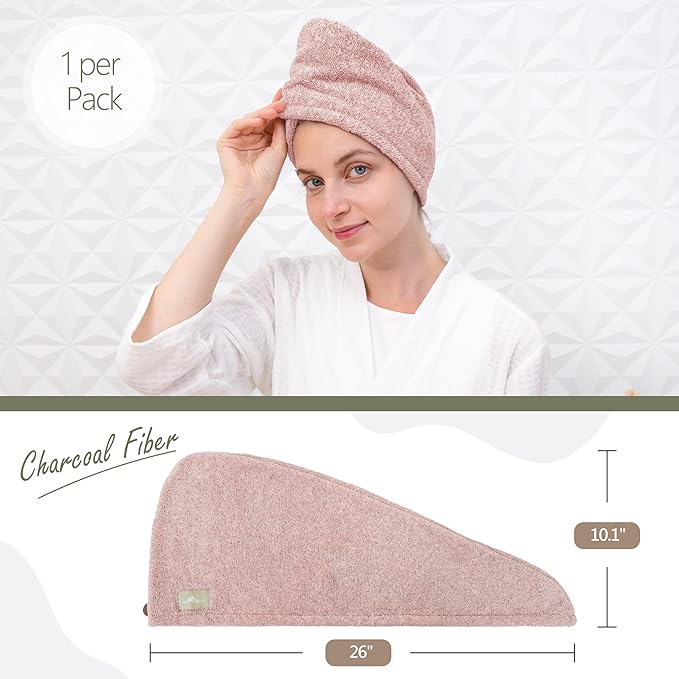 myHomeBody Hair Towel Wrap, Quick Drying Turban, Absorbent Cap – Pink