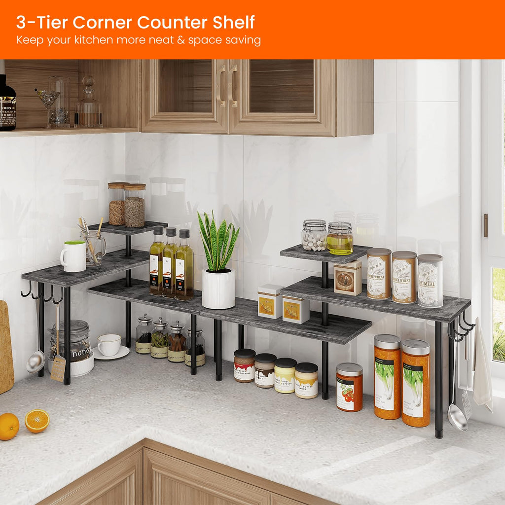 Homode Kitchen Countertop Organizer, 3 Tier Corner Shelf Bathroom Counter Organizer, Wooden Counter Shelf Stand Space Saver, Easy Assembly, Rustic Grey