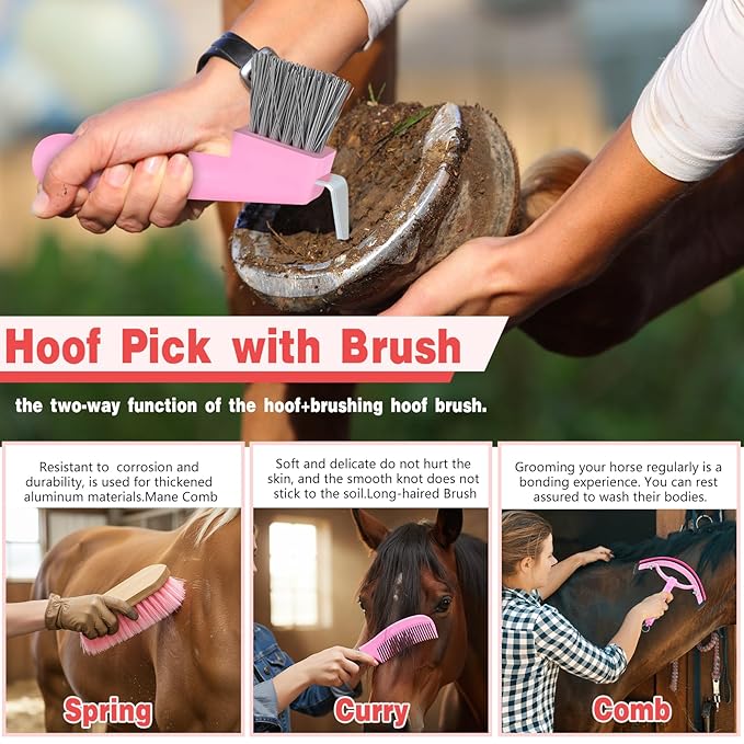Abbylike 12 Pieces Horse Grooming Kit with Organizer Tote Bag Tack Room Supplies Horse Brush Sets Equine Care Cleaning Kit Shedding Grooming Massaging Tools (Grey and Pink)