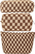 LYDZTION Large Capacity Makeup Bag Set - 3 Pieces Checkered Cosmetic Bag for Women Travel Makeup Bag Organizer Cute Makeup Brushes Storage Bag Travel Toiletry Bag Storage Bag for Women,Brown