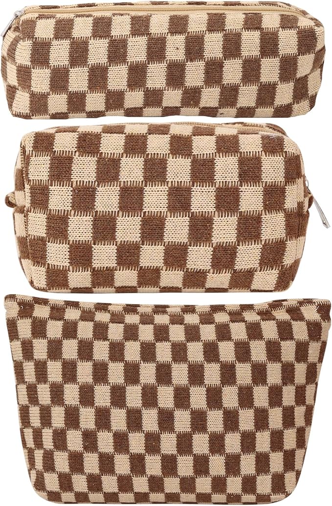 LYDZTION Large Capacity Makeup Bag Set - 3 Pieces Checkered Cosmetic Bag for Women Travel Makeup Bag Organizer Cute Makeup Brushes Storage Bag Travel Toiletry Bag Storage Bag for Women,Brown