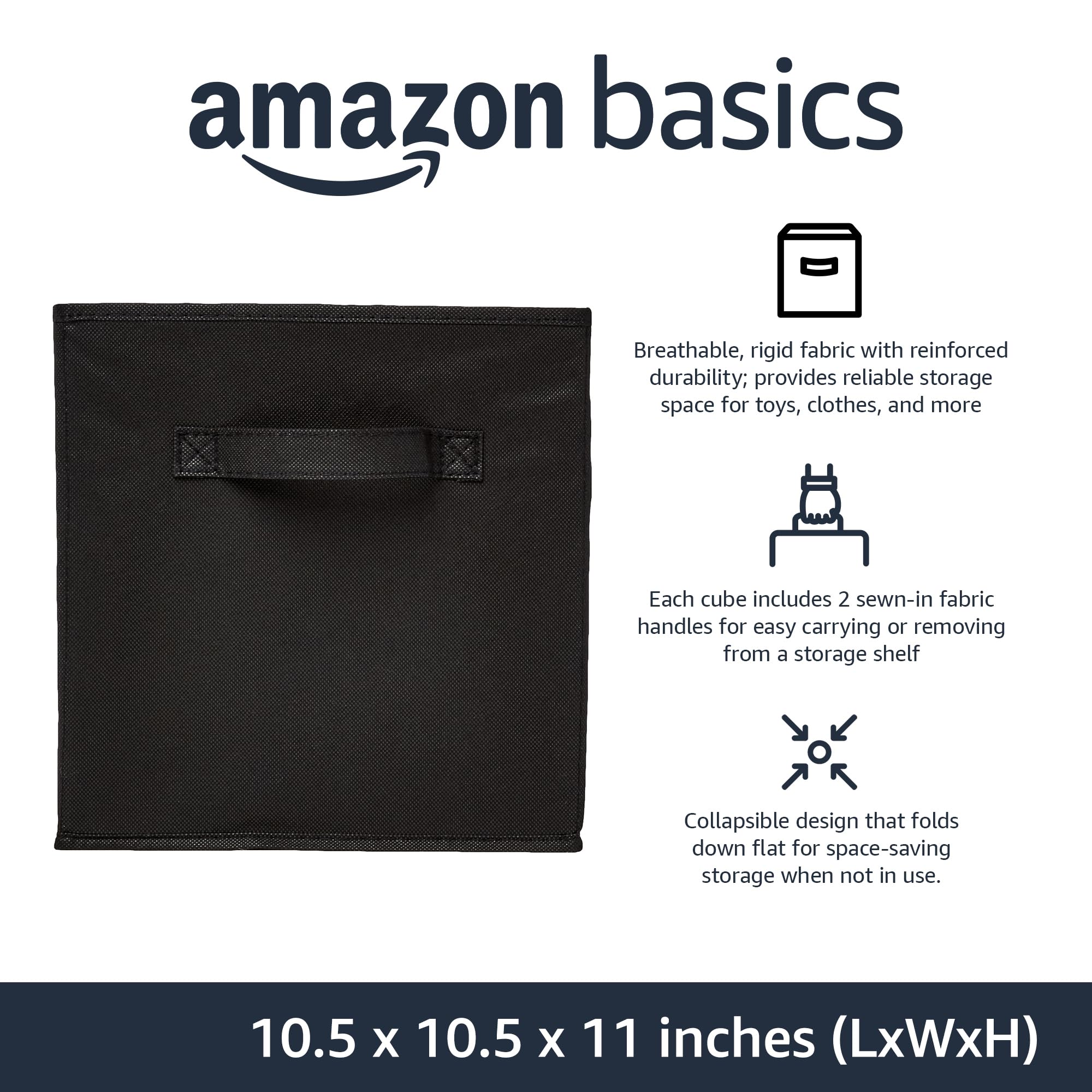 Amazon Basics Collapsible Fabric Storage Bins Organizer with Handles, Sturdy, Foldable, 10.5" x 10.5" x 11", Black, 6-Pack