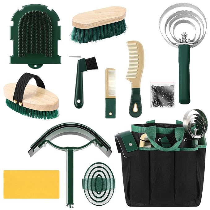 Abbylike 12 Pieces Horse Grooming Kit with Organizer Tote Bag Tack Room Supplies Horse Brush Sets Equine Care Cleaning Kit Shedding Grooming Massaging Tools (Khaki and Green)
