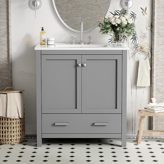 Bellemave 30" Bathroom Vanity with Sink Combo Set, Solid Wood Frame Bathroom Storage Cabinet with a Drawer, 2 Soft Closing Cabinet Doors with Organizer, Grey
