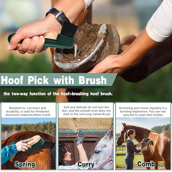 Abbylike 12 Pieces Horse Grooming Kit with Organizer Tote Bag Tack Room Supplies Horse Brush Sets Equine Care Cleaning Kit Shedding Grooming Massaging Tools (Khaki and Green)