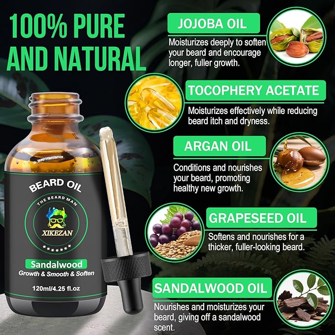 XIKEZAN Beard Oil,Beard Oil for Men,120ml/4.25 OZ Large Volume Sandalwood Natural Beard Growth Oil,Promote Beard Care Growth Mustaches Soften Strength Leave in Conditioner,Unique Gifts for Men Him Dad