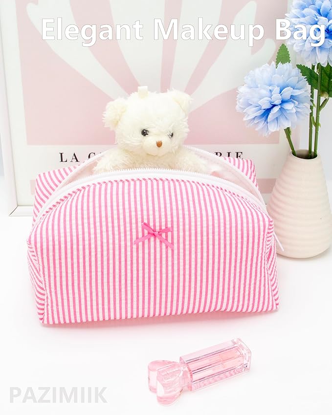 Cozy Makeup Bag for Women,Zipper Cosmetic Pouch,Stripe Candy Pink,2 Pack