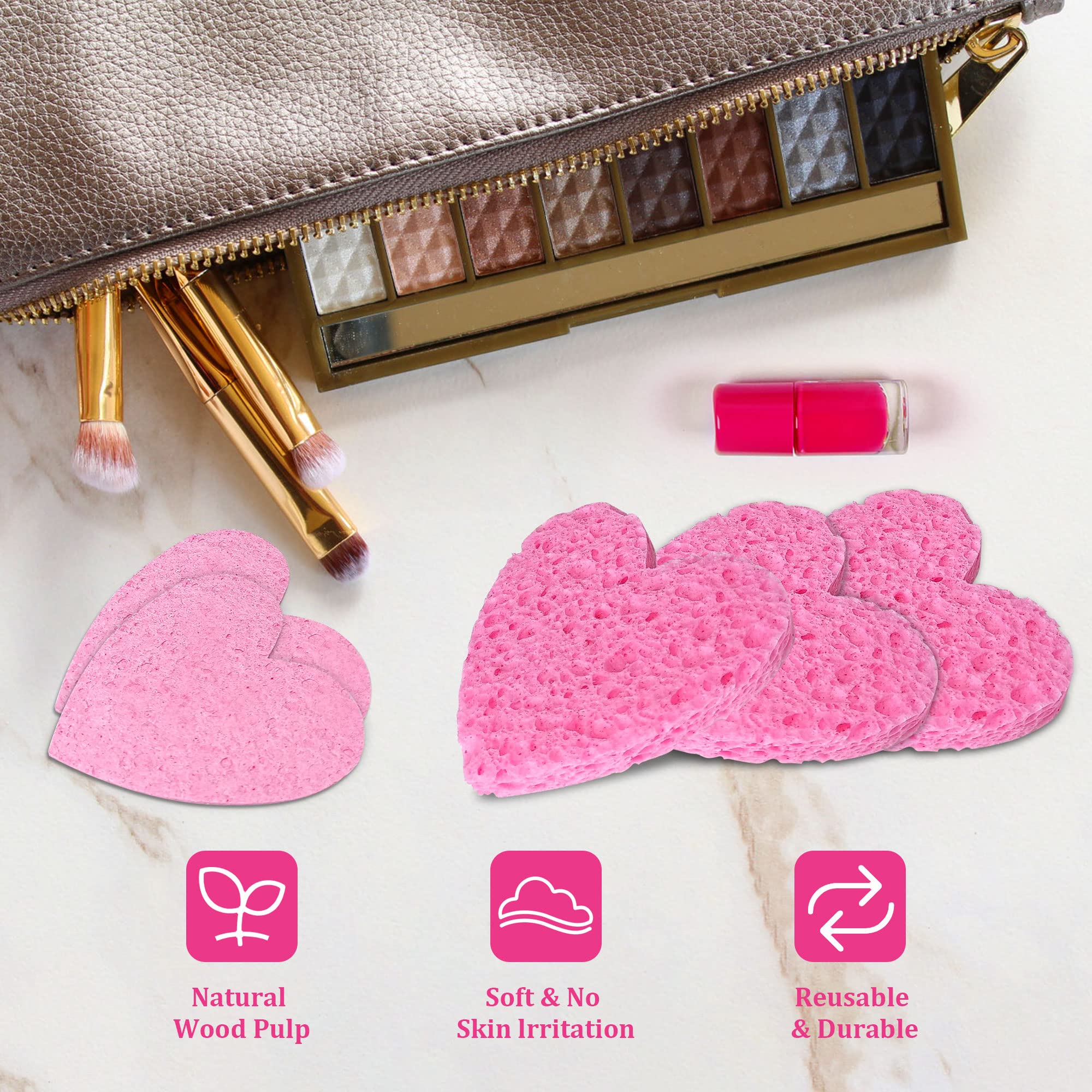 60-Count Kickleen Compressed Cellulose Heart Shape Facial Sponges,Pink