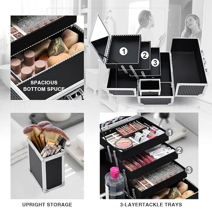 Joligrace 3-Tray Makeup Case with Mirror & Brush Holder, 11.6" Shine Black