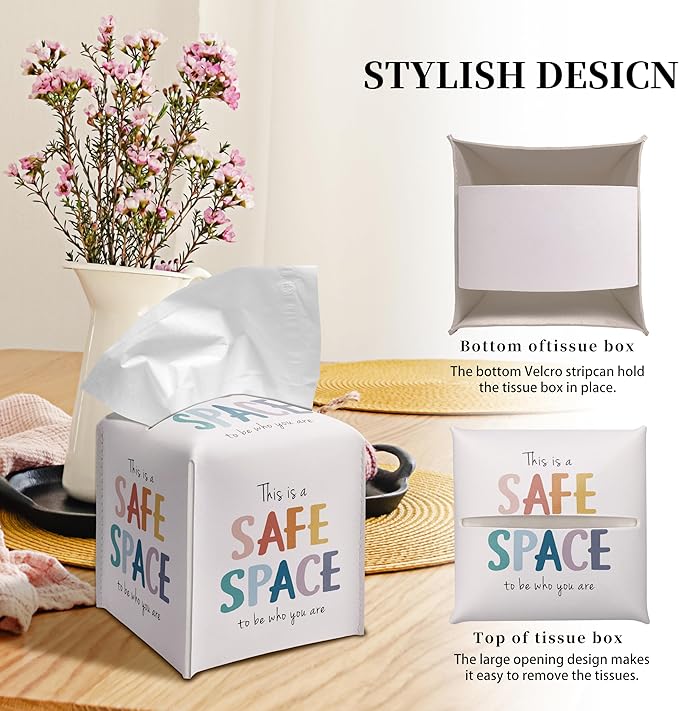 Grace Yonks Cute Tissue Box Cover Square - “This is a Safe Space” Affirmation Design 5.2" PU Leather Holder for Vanity, Desk, or Bathroom Counter - Cube Case for Facial Tissues(019)