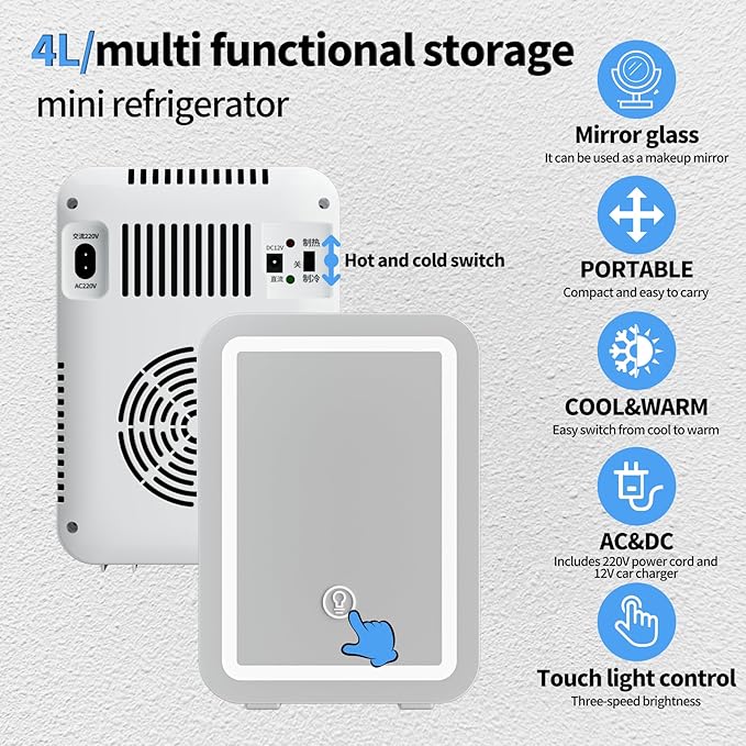 JrostKault Mini Skincare Fridge with LED Light Mirror, 4 Liter/6 Can Compact Makeup Refrigerator for Bedroom - Portable Mini Fridge for Makeup, Skincare & Food, AC/DC Power for Home & Car