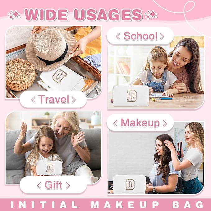 Small Initial Patch Makeup Bag Personalized Gifts Make Up Bag,White Cute PU Leather Glitter Letter Cosmetic Bag with Zipper,Trendy Portable Travel Toiletry Pouch,Preppy Stuff for Teen Girls Women D