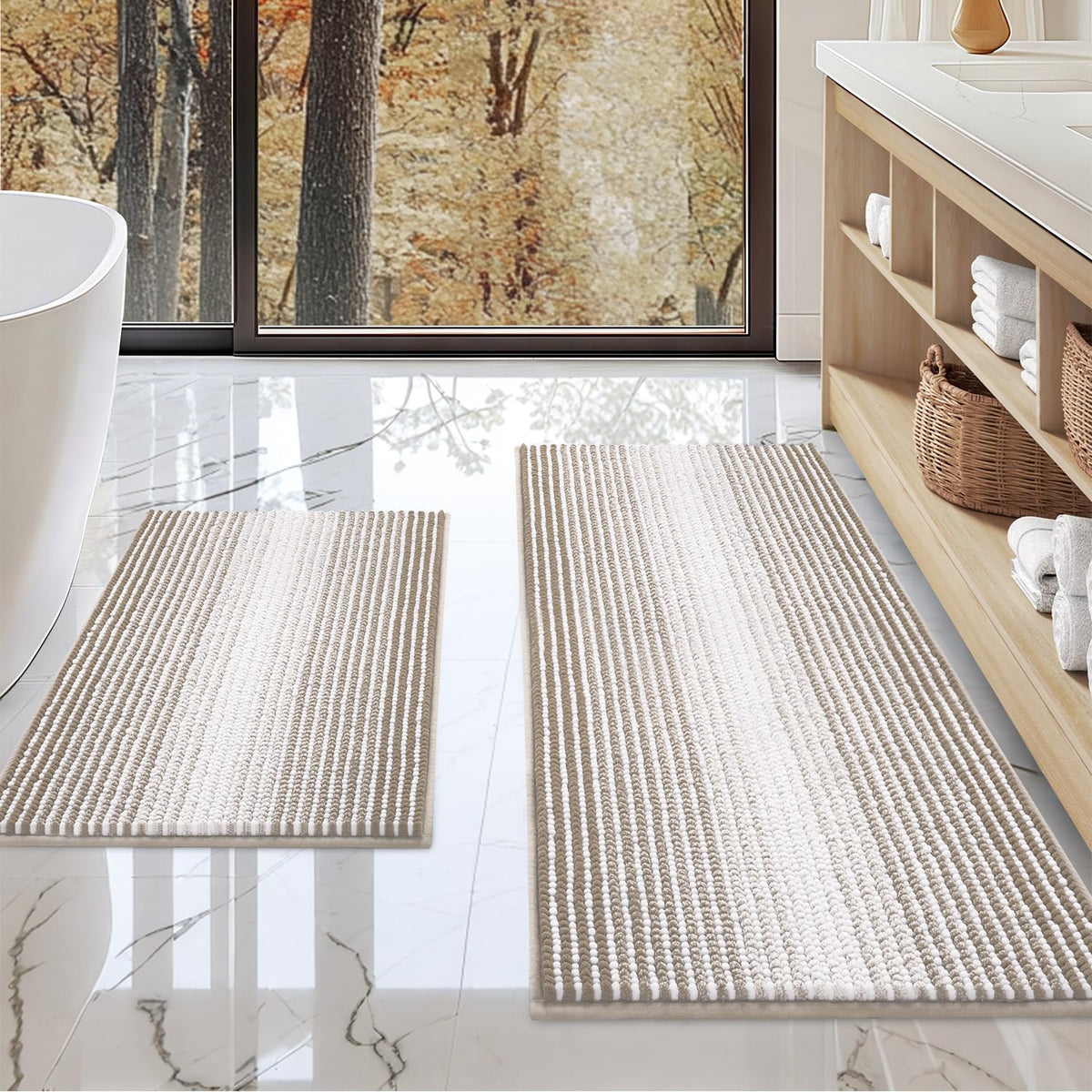 BSICPRO Bathroom Rugs Sets 2 Piece, Non Slip Striped Bath Mats, Teal