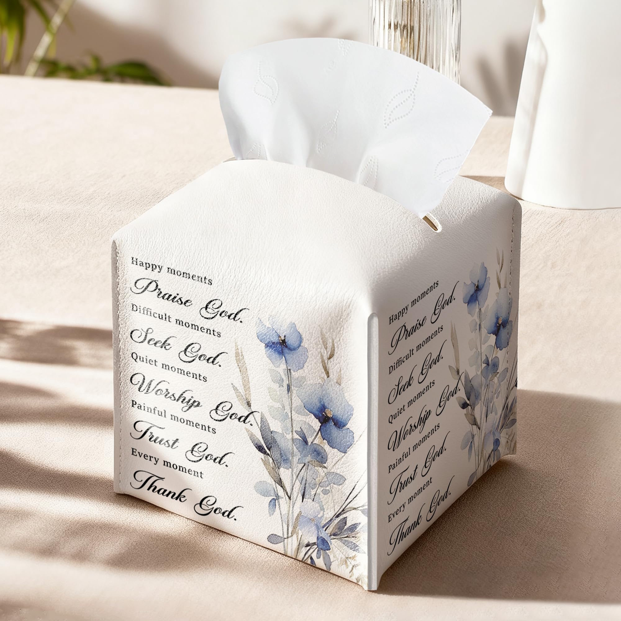 Leather Square Tissue Box Cover, Christian Floral