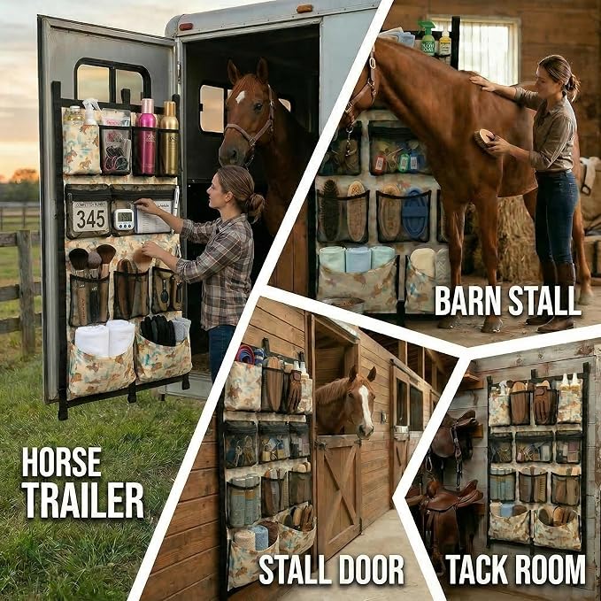 Horse Trailer Organizer & Grooming Bag - Large Hanging Door Caddy with Deep Mesh Pockets for Spray Bottles & Brushes - Heavy Duty 900D Polyester Tack Room Storage for Barn & Stall, 23" x 34"