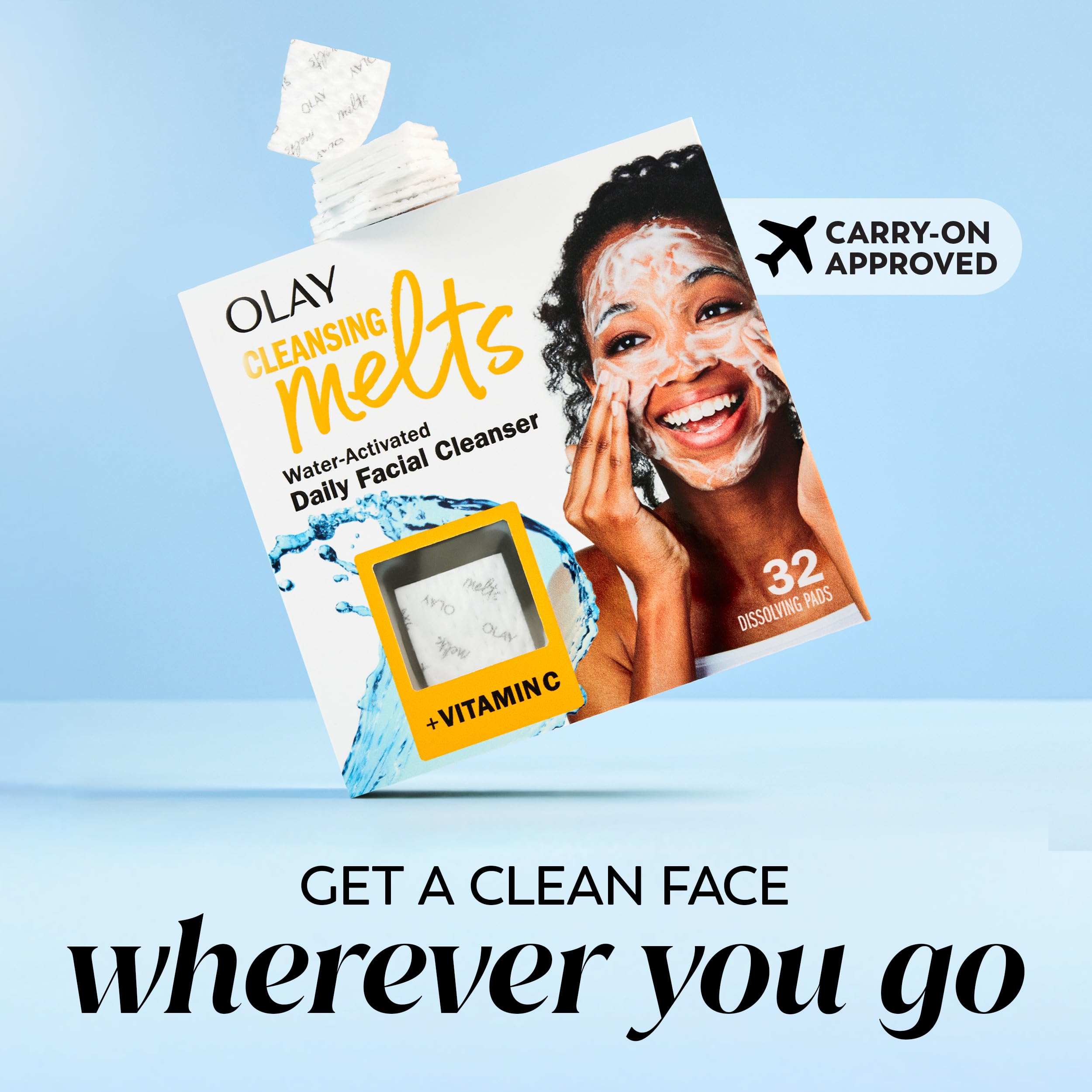 Olay Face Wash, Vitamin C Cleansing Melts, Daily Use Gentle Cleanser, For All Skin Types, Travel Size, Soft Citrus Scent, Water-Activated to Clean, Tone, and Refresh, 64ct (2 Pack x 32ct)