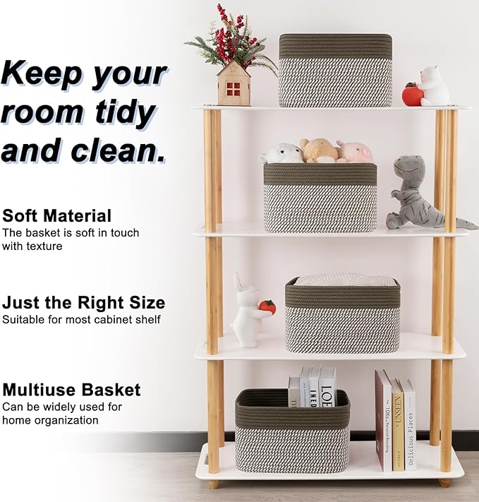 SIXDOVE 4 Pack Storage Baskets for Organizing, Woven Baskets for Shelves - Perfect for Toys, Books, Towels, and Clothes, Durable Gift Basket Bins Toy Storage, 12.7''Lx9''Wx7.8''H, Green & White