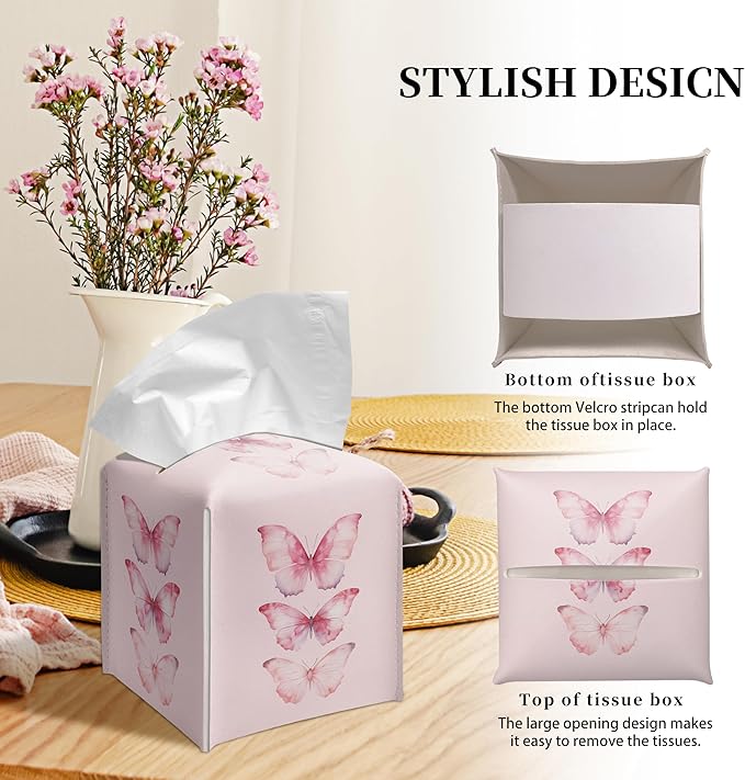 Grace Yonks Cute Pink Butterfly Tissue Box Cover Square, Cube Case for Facial Tissues, 5.2" PU Leather(075)