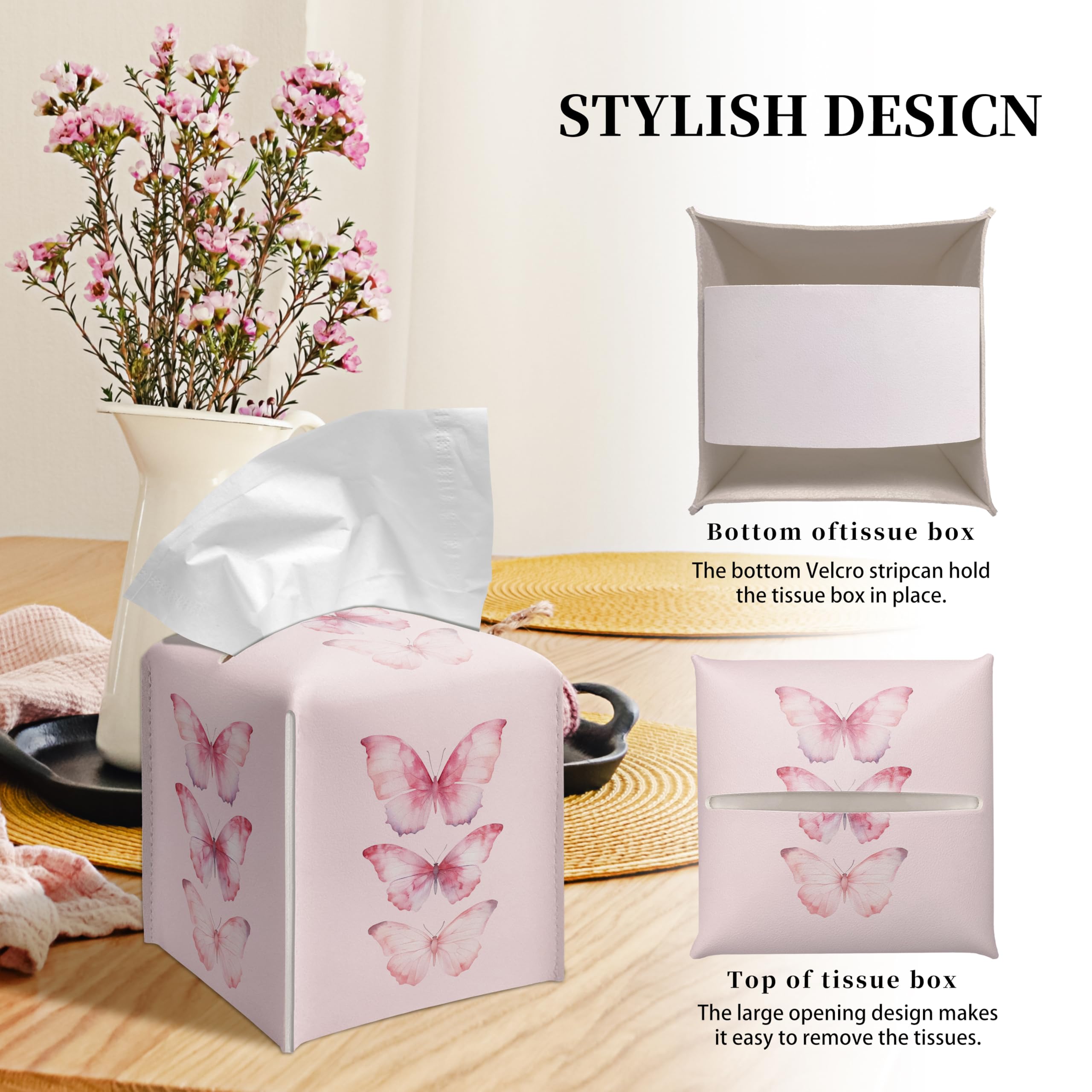 Grace Yonks Cute Pink Butterfly Tissue Box Cover Square, Cube Case for Facial Tissues, 5.2" PU Leather(075)