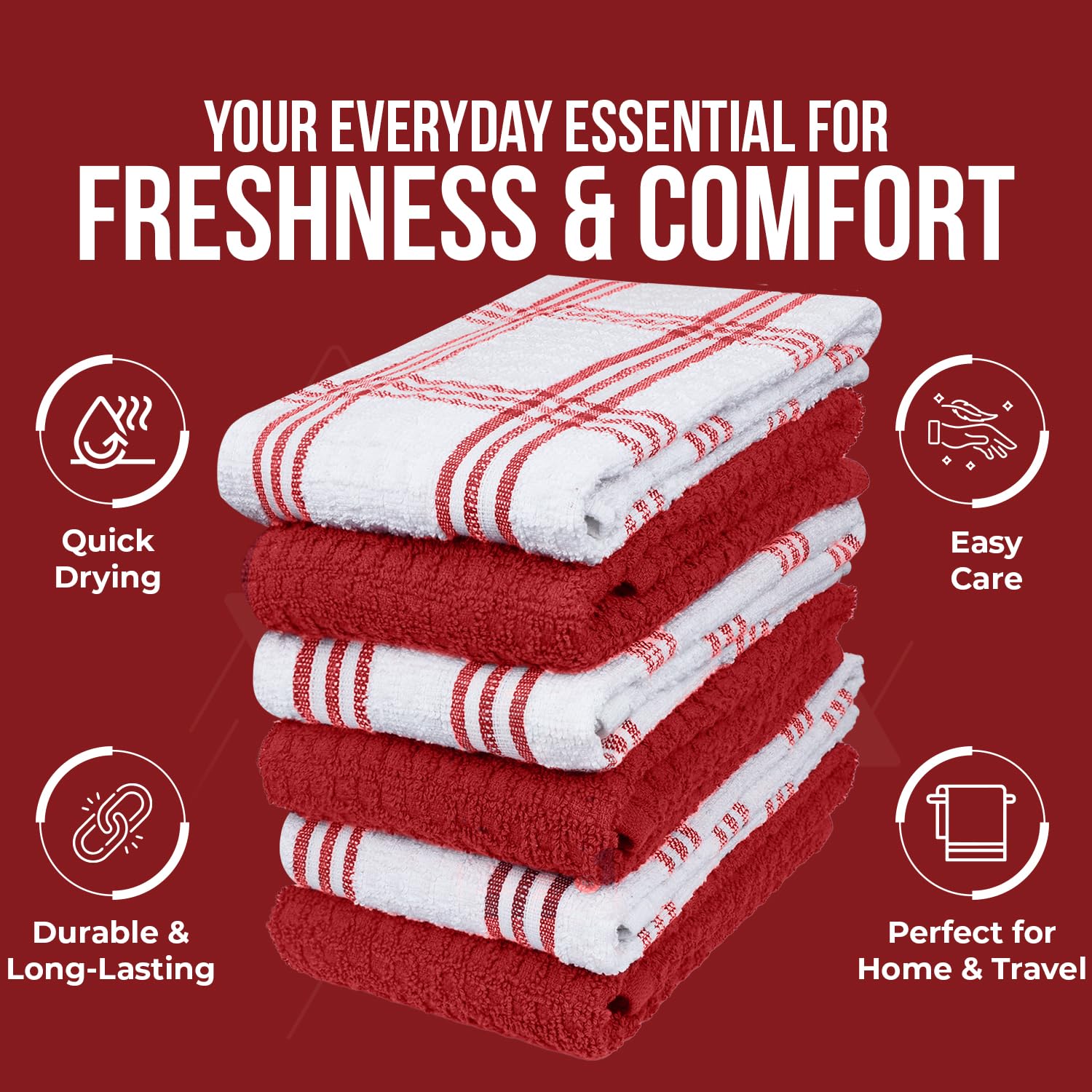 DAN RIVER Red Kitchen Towels, 12 Pack, 16x26 Inches Absorbent Dish Towels