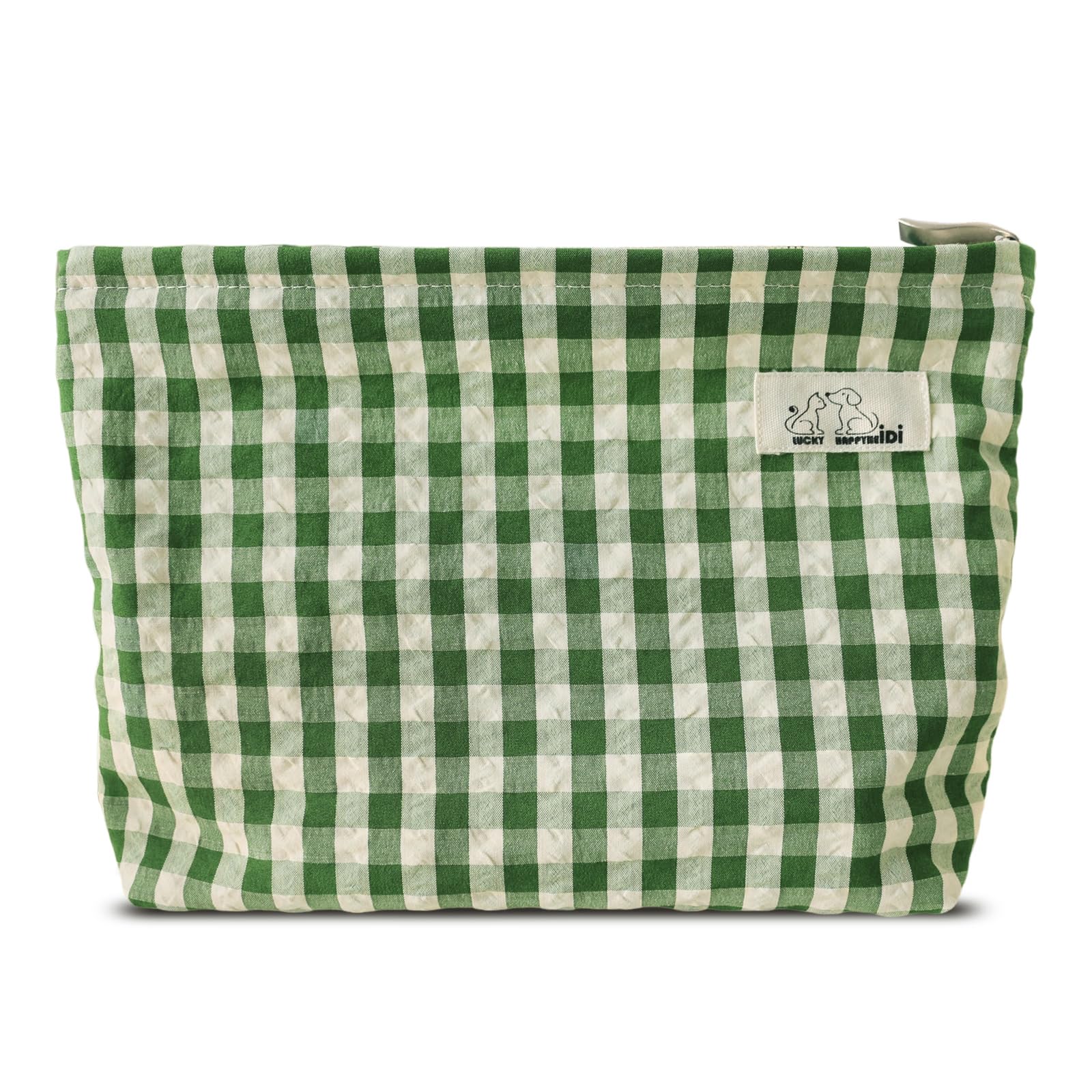 HAPPYHEIDI Large Makeup Bag Travel Cosmetic Pouch, Green Gingham