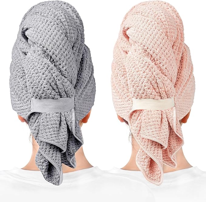 Microfiber Hair Towel Wrap Turban 2 Pack Large | Super Absorbent Quick Dry & Anti-Frizz for Women with Curly Hair | 27.5" x 39.4" Hair Towel Cap