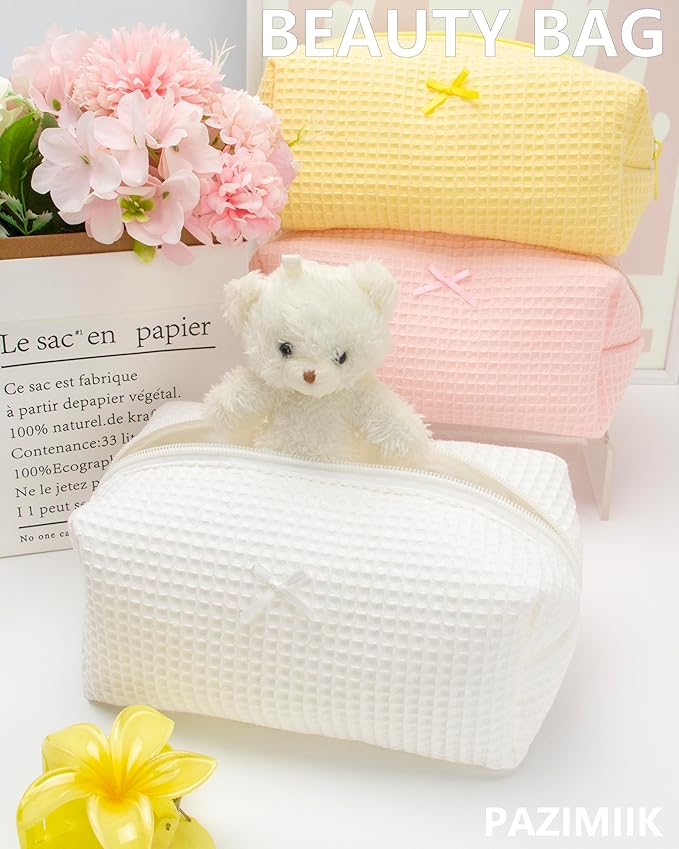 PAZIMIIK Cozy Makeup Bag for Women,Zipper Cosmetic Pouch,Waffle Cream White