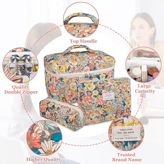 Gosect Makeup Bag Set, Quilted Makeup Bag, Large Floral Cosmetic Bag for Women, Cute Cotton Makeup Bags, Flower Travel Toiletry Organizer Bag (South Twigs Flower)