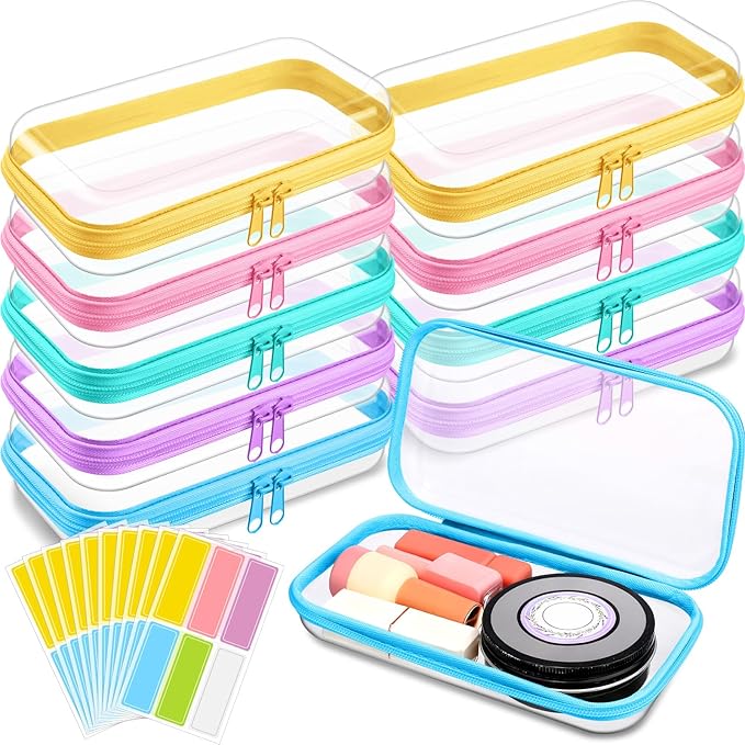 Sanwuta 10 Pcs Hard Zipper Case Clear Hard Pouches Plastic Zipper Pencil Portable Box Toy Storage Bins Plastic Container for Travel Toiletry Office Cosmetic Block Puzzle Organizer (S,Macaron Color)
