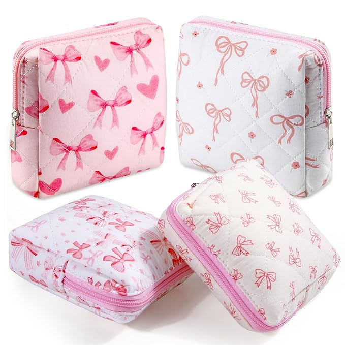 Paterr 4 Pcs Mini Quilted Makeup Bag Cute Pink Bow Cosmetic Bag Coquette Quilted Makeup Pouch with Zipper Cute Travel Toiletry Bags for Women Girls Back to School Teacher Students Gifts